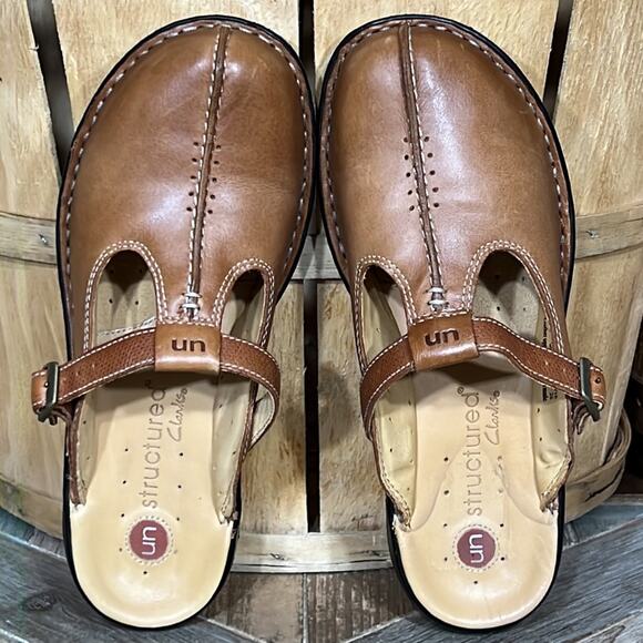 Clarks Unstructured Tan Leather Buckle Strap Comfort Clogs Mules Womens Size 7 - Picture 9 of 11